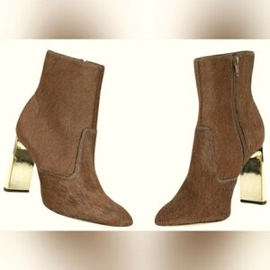 Glam 10 Western Boho Baddie Calf Hair Cowgirl Gold Block Heel Boots New